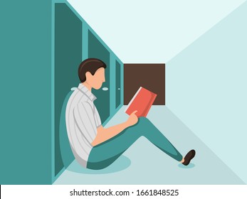 Illustration of someone reading a book on campus.