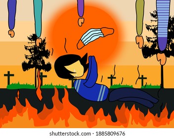 illustration of someone removing a mask and being picked up by death by the corona virus