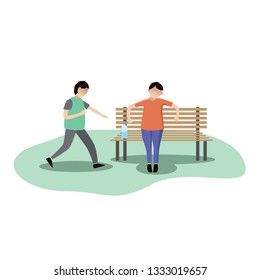 Illustration of someone sitting in a garden chair with a friend who wants to take a bottle of drinking water - vector illustration