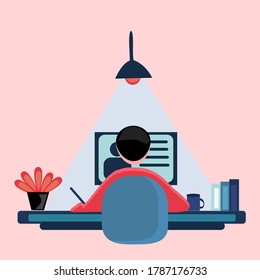 illustration of someone studying online, studying with computer, working behind the back