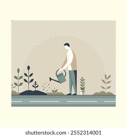 Illustration of someone watering plants, with a soft color combination.