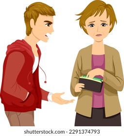 Illustration of Son Abusing Girl Parent and Asking for Money. Mom Taking Money From Wallet. Family Problem