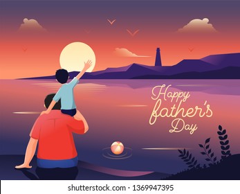 Illustration of a son sitting on her father's shoulder while seeing ocean together on sunset landscape background for Happy Father's Day celebration banner design.