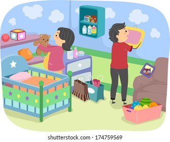 Illustration of Soon-to-be-Parents Decorating the Nursery
