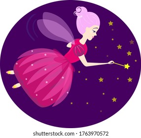 Illustration of a sorceress flies with a magic wand