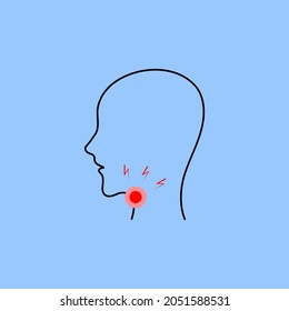 illustration of a sore throat in a person. the problem of angina, tonsillitis, patients with inflamed glands. a red dot on the place of pain, lightning shows pain. a symptom of the virus, flu and cold