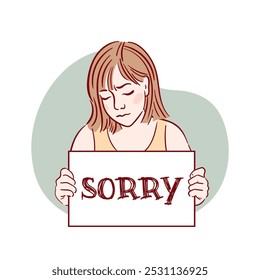 Illustration of a sorrowful girl seeking forgiveness, teary eyed. Features a sorry sign. This vector sketch is suitable for books, brochures, and designs for psychological support websites.