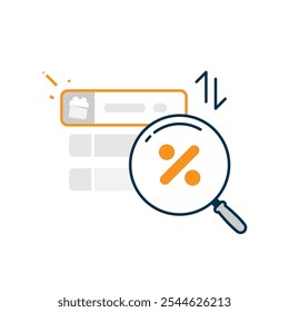 illustration of a Sort by Discount feature. magnifying glass and a percentage symbol, symbolizing the ability to sort items by the highest discount first. for shopping app or websites ui