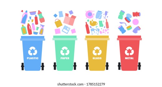 illustration of sorting garbage into trash cans. Recycle thrash and Waste separation. Colorful flat vector drawing.