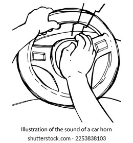 Illustration of the sound of a car signal on the steering wheel. Graphic black and white isolated drawing. Click on the sound signal on the steering wheel. The horn on the car. Horn on the steering