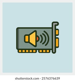 Illustration of a sound card with speaker icon for audio output and computer hardware components