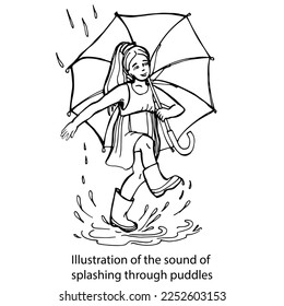 Illustration of the sound of footsteps in puddles.Graphic black and white isolated drawing.A girl with an umbrella jumps through puddles. It's fun to jump through puddles. Summer rain. Cute girl