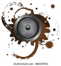 Illustration of sound loudspeaker in metal frame with grunge paint splatters.