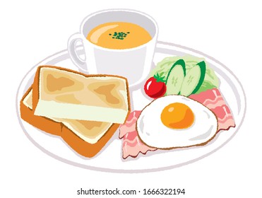 Illustration of soup with bread, bacon egg, salad