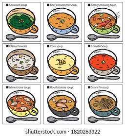 Illustration of soup set. Soup collection.