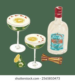 Illustration of sour martini cocktail with lime garnish on top, perfect for cocktail-themed designs. Ideal for bar menus, drink recipe cards, or cocktail-related.