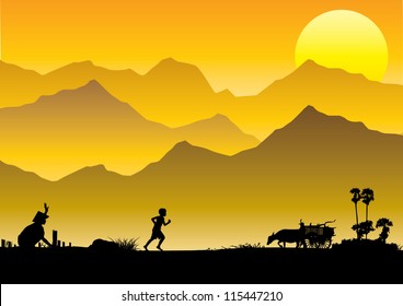 Illustration Of South East Asia Countryside, The Moment Father Coming Back Home