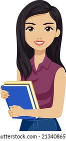 Illustration of South East Asian Teen Girl Student Holding Books