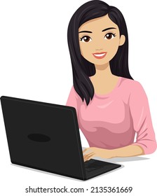 Illustration Of South East Asian Teen Girl Student Using Laptop