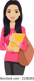 Illustration of South East Asian Teen Girl Student with School Bag and a Book