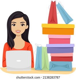 Illustration Of  South East Asian Teen Girl With Laptop, Boxes, And Paper Bags From Online Shopping