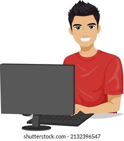 Illustration of South Eastern Asian Teen Guy Student Using Computer