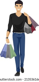 Illustration Of South Eastern Asian Teen Guy Carrying Shopping Bags