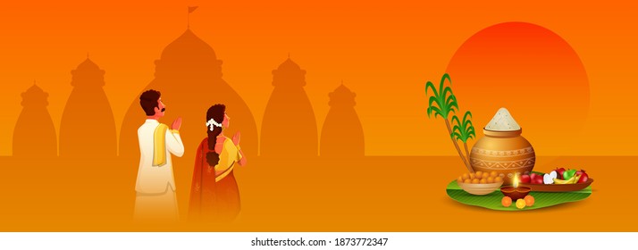 Illustration Of South Indian Couple Doing Surya (Sun) God Worship With Festival Elements On Orange Silhouette Temple Background.