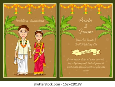 illustration of South Indian couple on Indian Wedding invitation template background