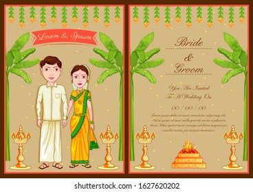 Illustration Of South Indian Couple On Indian Wedding Invitation Template Background