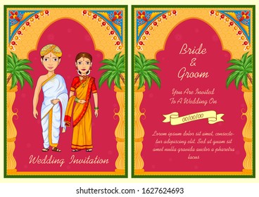illustration of South Indian couple on Indian Wedding invitation template background