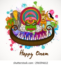 Illustration of South Indian culture and tradition on colorful splash background for Happy Onam festival celebration.