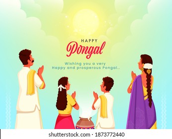 Illustration Of South Indian Family Doing Surya (Sun) God Worship On Gradient Sky Blue Background For Pongal Celebration.