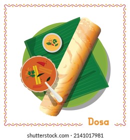 Ilustración de dosa de comida del sur de la India (Desayuno) en hojas de plátano