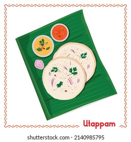 Ilustración de uttapam, comida del sur de la India, en hojas de plátano