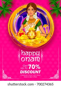 illustration of South Indian Keralite woman on advertisement and promotion background for Happy Onam festival of South India Kerala