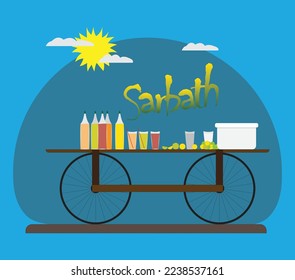 illustration of south Indian roadside cool drinks shop. sarbath, lemon soda street vendor conceptual flat design.