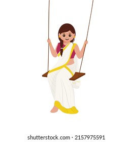 Illustration Of South Indian Young Woman Swinging On White Background.