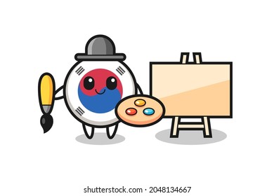 Illustration of south korea flag mascot as a painter , cute design