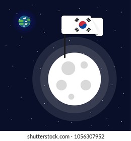 Illustration of South Korean flag on the moon with view of earth in background