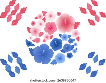 An illustration of the South Korean national flag drawn with rose of Sharon and leaves