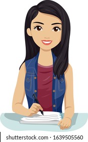 Illustration of a Southeast Asian Teenage Girl Student Writing Down Notes and Studying