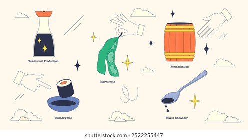 Illustration of soy sauce production stages with hands, soybeans, and a barrel in neubrutalism style collection.