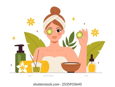 Illustration of Spa Beauty and Health featuring Natural Cosmetics and Eco Friendly Products for Problematic Skin or Facial Treatments in a Women