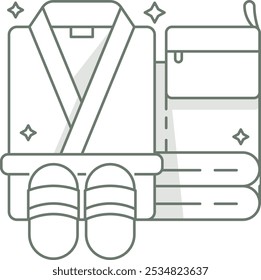 Ilustración de elementos esenciales de spa que incluyen una bata acogedora, zapatillas cómodas, toallas y productos de baño en colores relajantes, que simbolizan la relajación y el cuidado personal.