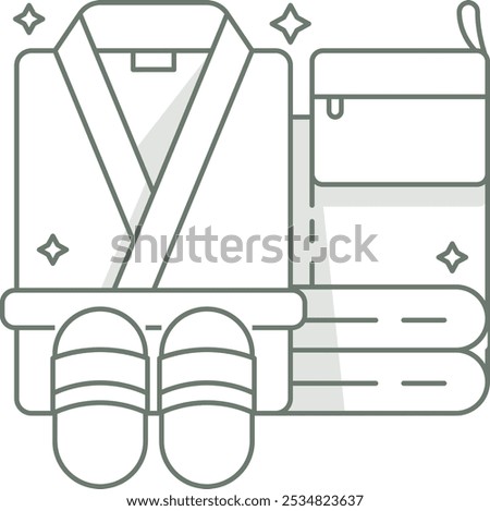 Illustration of spa essentials including a cozy robe, comfortable slippers, towels, and bath products in soothing colors, symbolizing relaxation and self-care.