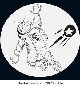 Illustration of space with astronaut and sputnik.