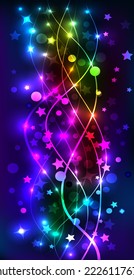 Illustration space background wallpaper for phone with bright glowing stars and waves