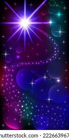 Illustration space background wallpaper for phone with bright glowing stars and waves