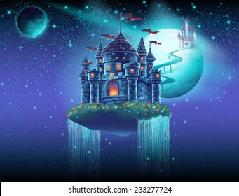 Illustration space castle and waterfall the background the planet